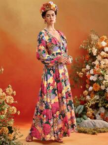 Redefinition Frida Kahlo X SHEIN X Designer 花卉图案 V 领荷叶边泡泡袖长袖纽扣 A 字形飘逸长裙夏季度假 - 彩色 - 查看 3