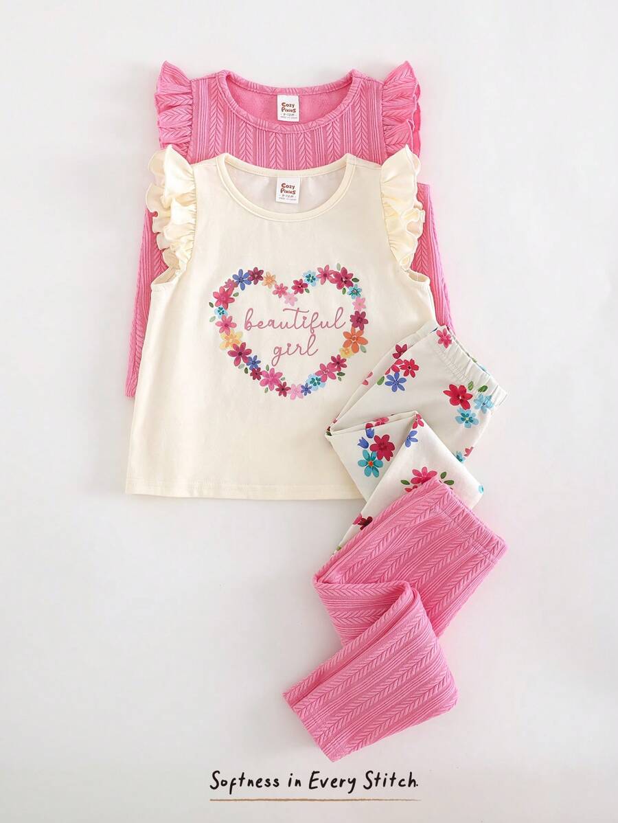 Cozy Pixies 4 件套女婴套装：花卉印花柔软针织无袖圆领上衣和松紧腰裤 - 彩色 - 查看 1