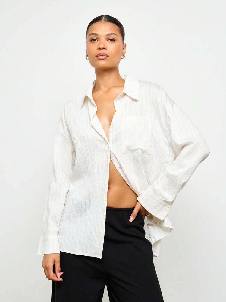 Camicetta oversize a maniche lunghe con bottoni in lino