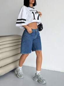 SHEIN Pantalones cortos vaqueros informales de cintura baja con bolsillos sesgados