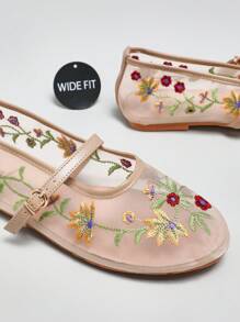 SHUZIA Wide-Fit Women's Closed Round Toe Embroidery Lace Flat Dress Shoes Wide Fit - Beige - View 7