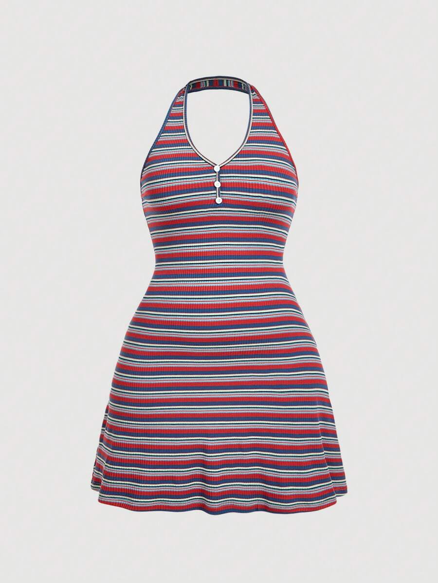 SHEIN MOD Dopamine Colorful Striped Front Center Button Decor Bodycon Halter Dress - Navy Blue - View 1