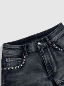 ROMWE Avant 复古千禧朋克 Y2K 超低腰超短刺绣女式牛仔短裤 - 藍色 - 查看 5