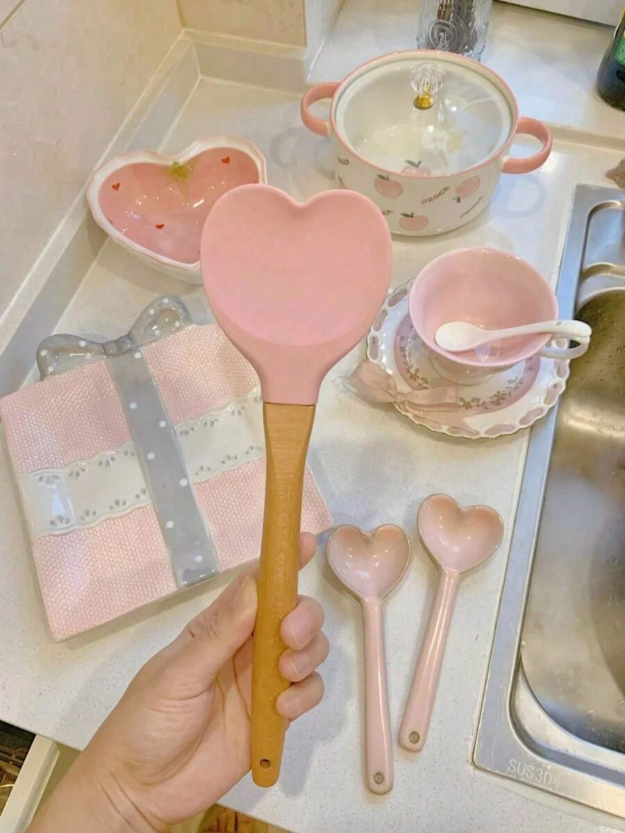 1 pieza Espátula con forma de corazón de Amor a Cocinar, mango de madera y cuchara de silicona, utensilios de cocina para el hogar, ollas y cucharas, herramientas de cocina, puedes hacer deliciosas cenas para tus seres queridos