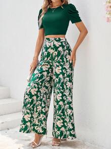 Ellevyn 女士純色短袖擴袖T卹和綠色花卉印花褲裝套裝