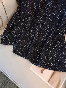 GlowEve CURVE Plus Size Women's Casual Best-Selling Black & White Polka Dot Short Sleeve Frill Collar Outdoor Blouse With Pleated Hem, Elegant Versatile Slim-Fit Romantic Holiday Shirt, Spring/Summer - Black - View 6