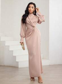 Veilorie 女士纯色扭褶垂坠优雅长袖阿拉伯连衣裙 - 淺粉色 - 查看 2