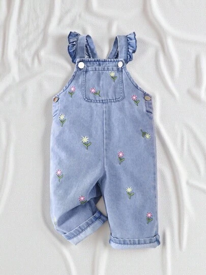 SHEIN Vintaside Kids 1 st Baby Girl Söt Broderad Blommig Denim Jumpsuit, Casual för utflykt eller fest