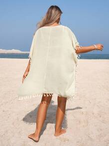 Swim Chiccia 女士卡其色和米色彩色钩针波西米亚风流苏罩衫，休闲春夏海滩度假派对罩衫