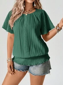 SHEIN LUNE Plus Size Ruffled Hem Elastic Crew Neck Short Sleeve Blouse - Dark Green - View 1