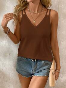 SHEIN LUNE Camiseta sin mangas de unicolor y cuello en V casual para mujeres, atuendo versátil de verano - Marrón - Ver 6