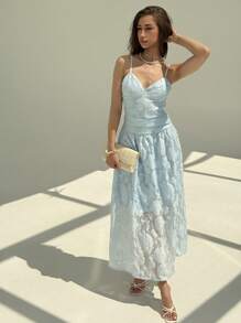 Aloruh Vestido con tirantes de espagueti romántico con pliegues texturizados para damas, apto para vacaciones/días festivos - Rosa - Ver 3