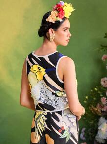 ISELACOS Frida Kahlo X SHEIN X Designer 全印花无袖撞色边背心夹克，带刺绣蕾丝贴片 - 彩色 - 查看 2