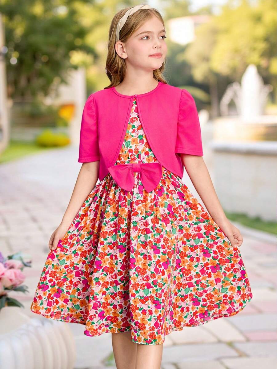 SHEIN Leap Crew 2pcs/Set Tween Girl Solid Knit Jacket & Ditsy Floral Round Neck Dress - Pink - View 1