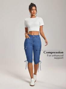 Flexra 女士休闲抽绳口袋卷边及膝牛仔短裤，夏季