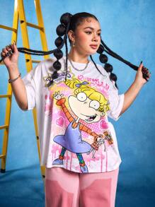 Nick 90s | SHEIN Plus Size Summer Casual Cute Cartoon Pattern Drop Shoulder T-Shirt  Music Festival - White - View 7
