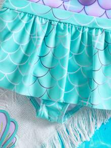 SHEIN Babygirl Cute Mermaid Print Casual Knit Bowknot Color Blocking Strap One-Piece Swimsuit, Summer