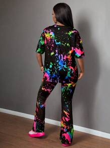 SHEIN Leap Crew 2pcs Set Teen Girls Dip Dye Spray Print Knitted Top And Flared Pants For Casual, Street Wear, Festival In Summer, Rave Outfit - Multicolor - View 2