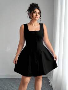 优雅女士蓝色方领纽扣开衫和高低裙连衣裙，带假口袋，加大码