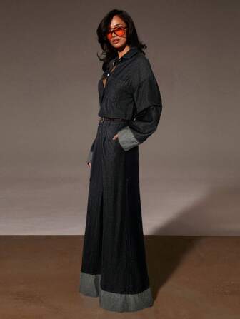 Athîral Damen Lässig Mode Knopf Tasche Langarm Denim Jumpsuit
