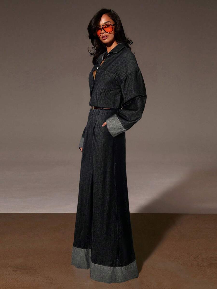 Athîral 女式休闲时尚纽扣口袋长袖牛仔连体裤 - 黑色 - 查看 1