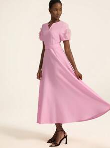 GENKIRA Elegant Women's Lavender Summer Round V-Neck Dress,Wedding Ninang 3D Floral Decoration,Waistline Defining,Flared Skirt,Luxurious Sophisticated Design - Pink - View 5
