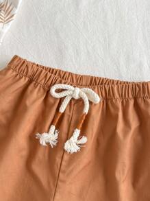 Cozy Pixies 2 Peças Conjunto de Bebê Menino com Top Cardigan de Manga Curta com Gola Polo, Estampa de Planta e Floral, e Calça Sólida de Cintura Elástica - Caqui - Visão 3