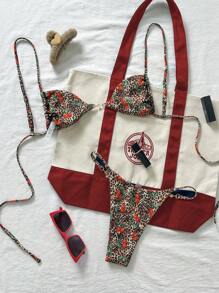 Sweetra 2pcs 2025 Women's Random Printed Wireless Backless Top And Thong Bikini Sexy Swimsuit Set For Beach Vacation, Summer - Multicolor - View 2