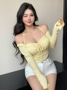 DAZY Women Solid Color Ruched Knot Front Long Sleeve Crop T-Shirt,Fall Clothes,Back To School Clothes - Yellow - View 9