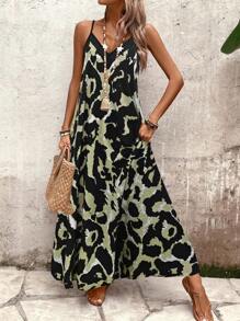 Breezaya 女士豹纹无袖连衣裙，休闲度假长裙，度假海滩装 - 軍綠色 - 查看 4