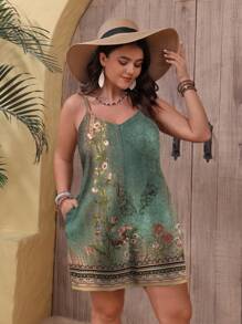 EMERY ROSE VCAY 度假村花卉印花休闲宽松连体裤，适合大码，夏季 - 綠色 - 查看 5