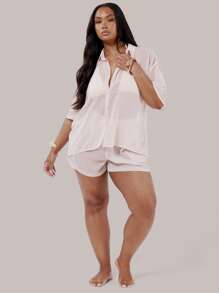 MUSERA Plus Size Mesh Button Up Shirt Swim, Holiday, Sexy, Cute - Khaki - View 3