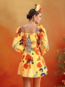 ISELACOS Frida Kahlo X SHEIN X Designer 全身印花灯笼袖镂空迷你连衣裙女士夏季连衣裙度假装 - 黃色 - 查看 2