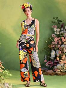 Frida Kahlo X SHEIN X Designer ISELACOS All-Over Printed High Waist Straight Leg Casual Pants With Embroidery Lace Patch