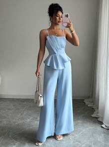 Elenzga Damen Set aus einfarbigem Top mit asymmetrischen Trägern und weiter Hose, 2 Stücke, elegant für den Alltag und Büro - Blau - Übersicht 1