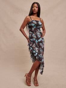 NYA SZN Vestido con volantes medianos y abertura, tirantes delgados, vestido de verano para fiesta, vestido sexy para eventos, vestido elegante para festivales occidentales, conciertos, fiestas, vacaciones, primavera, brunch, graduación, boda, Pascua, color azul pastel con estampado de mariposa para mujer