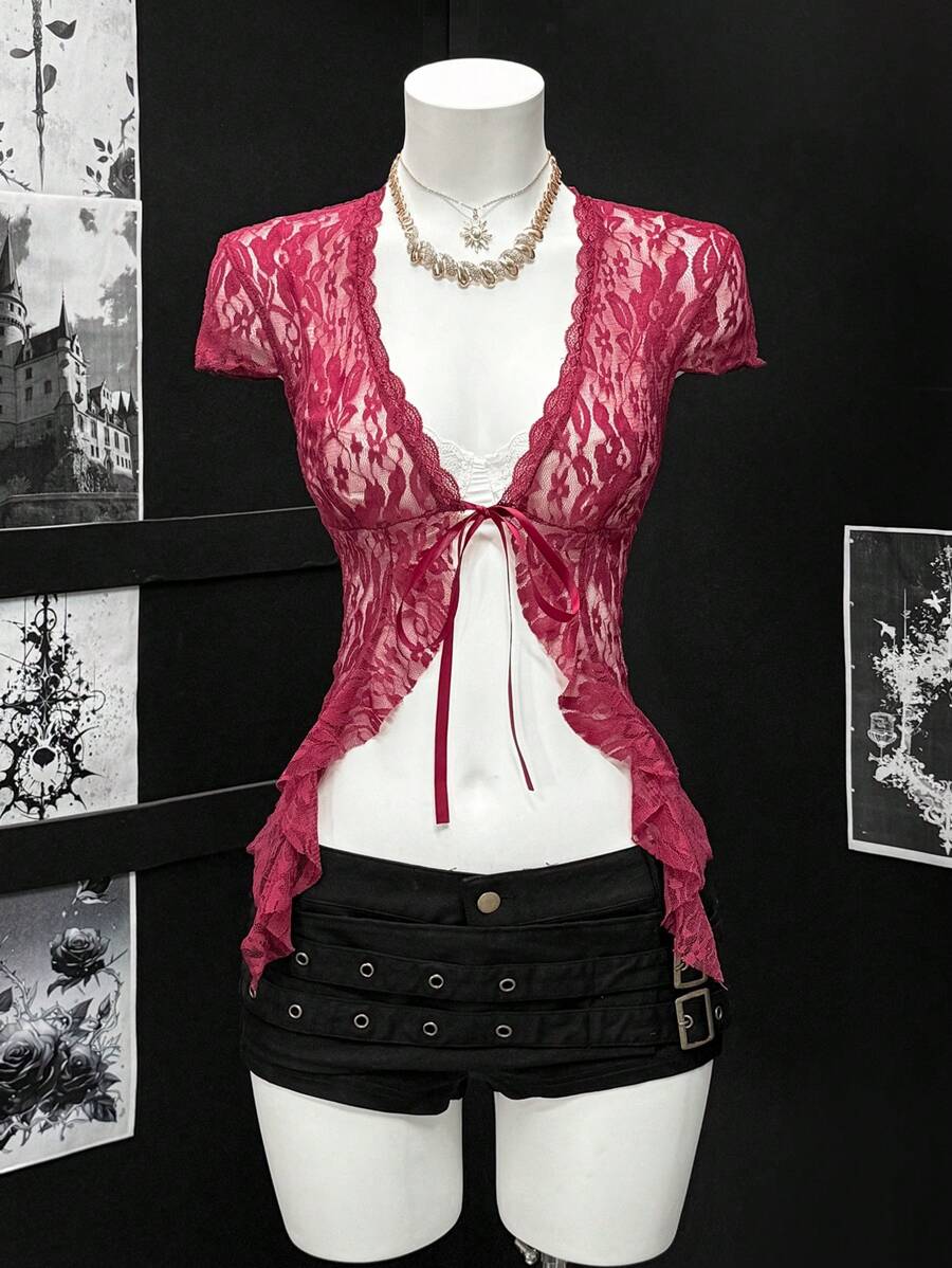 EgrlEra Áo Crop Top Trắng Ngắn Sexy Trong Suốt Cho Nữ - Màu Đỏ Sâu - Xem 1