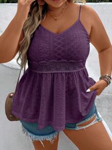 Breezaya Plus Size Women Summer Vacation Style Solid Color Mesh Embroidery Lace Patchwork Ruffle Hem Camisole Top - Purple - View 7