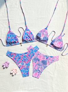 Swim Mod Bộ đồ bơi bikini thắt nút cổ cao họa tiết hoa + vỏ sò nhiều màu & sao biển mới cho nữ, kỳ nghỉ ở bãi biển - Nhiều màu - Xem 3