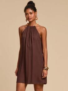 Travachic Vestido de cuello halter decorado con cuentas de moda para vacaciones de mujeres, atuendos de vacaciones de mujer, atuendos de vacaciones, atuendos de playa de verano, vestidos de verano para mujer, vestidos de verano