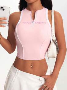 SHEIN Sovereign Charm Canotta sportiva da donna rosa e bianca, aderente, corta, con mezza chiusura lampo, ideale per yoga e allenamento, perfetta per l'estate, palestra e tempo libero. - Rosa - Visualizzare 4