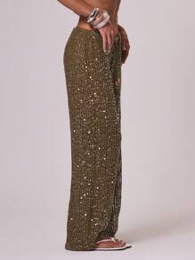 Musera Resort 女士罩衫伊比沙岛波西米亚风度假海滩优雅夏季亮片阔腿钩针长裤 - 橄欖綠 - 查看 3