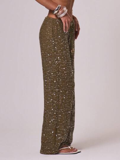 Musera Resort Women Cover Ups Ibiza Boho Vacation Holiday Beach Elegant Summer Sequin Wide Leg Crochet Trouser Spring Carvinal Beachwear Festival