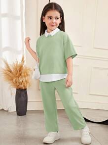 SHEIN Lässiger, eleganter Anzug für Kleine Mädchen im Büro mit lockerem Hemdkragen, übergroßer, überschnittener Schulter, kurzen Ärmeln, strukturiertem Spleiß-Farbblock-Bluse-Oberteil und gerade geschnittener Hose