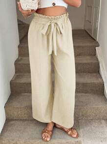 Easowa 阔腿裤，带有荷叶边和蝴蝶结细节，女士优雅休闲度假装 女式阔腿裤 夏季阔腿裤 女式夏季裤 系腰裤 女式阔腿裤 女式夏季裤 亚麻裤 - 杏色 - 查看 3