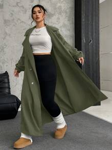 SHEIN EZwear 大码橄榄绿色双排扣系带长袖长款风衣，秋冬 - 橄欖綠 - 查看 6