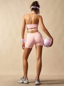 VARSIVA Women's Solid Color Backless Halter Top And Shorts Workout Women Sets - Pink - View 8