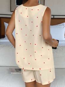 DAZY Set de pijama para mujer con top sin mangas de color contrastante con estampado de corazón + shorts - Beis - Ver 2