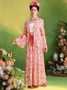 Frida Kahlo X SHEIN X Designer The Perfect Party Floral Print High Waist Belt Wide Leg Pants For Summer Vacation Beach Casual Holiday