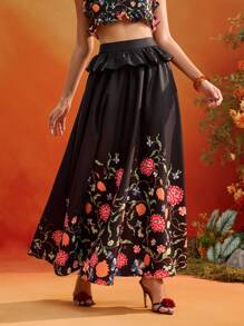 Frida Kahlo X SHEIN X Designer Oxana Black Floral Print Ruffle Waist Flowy A-Line Elegant Skirt For Women Holiday Summer